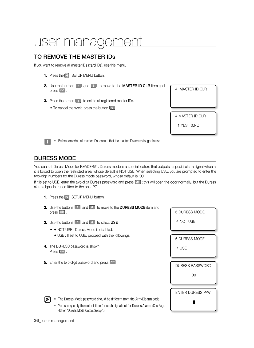 Samsung SSA-S2100/EXP manual Duress Mode, To delete all registered master IDs, Master ID CLR, To select USE 