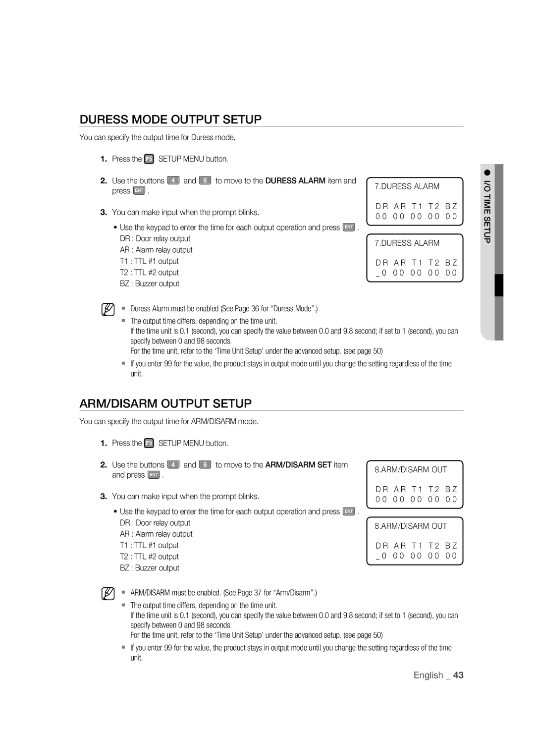 Samsung SSA-S2100/EXP manual Duress Mode Output Setup, ARM/DISARM Output Setup 