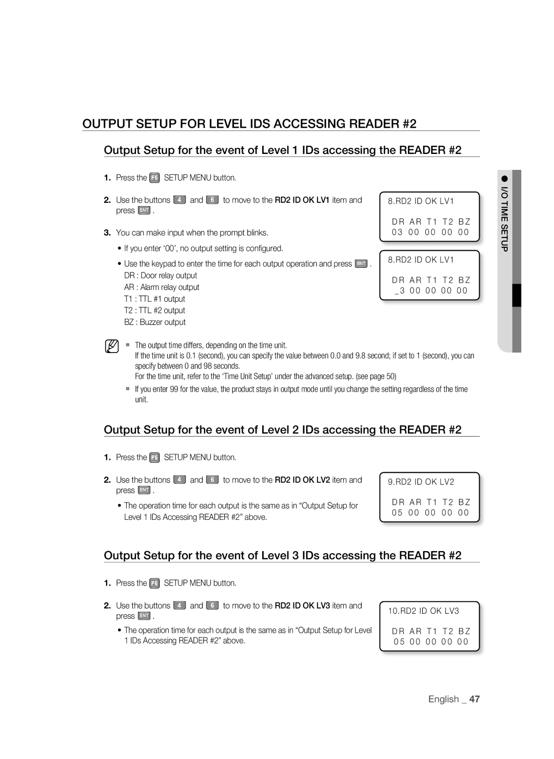 Samsung SSA-S2100/EXP manual Output Setup for Level IDS Accessing Reader #2, RD2 ID OK LV2 