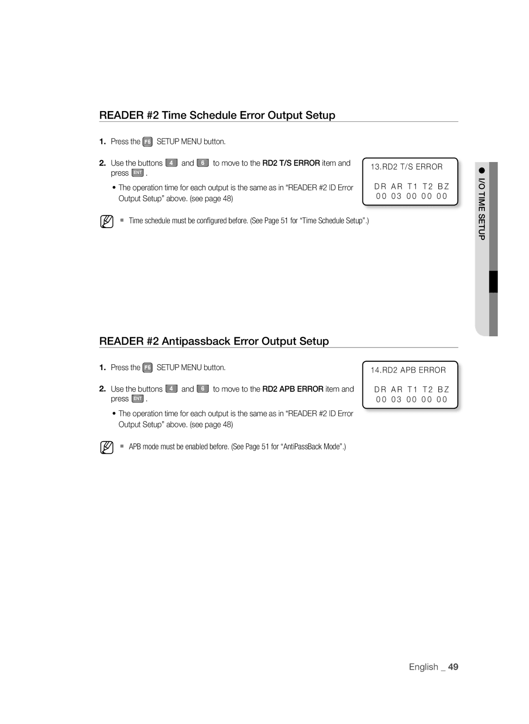 Samsung SSA-S2100/EXP manual Reader #2 Time Schedule Error Output Setup, Reader #2 Antipassback Error Output Setup 