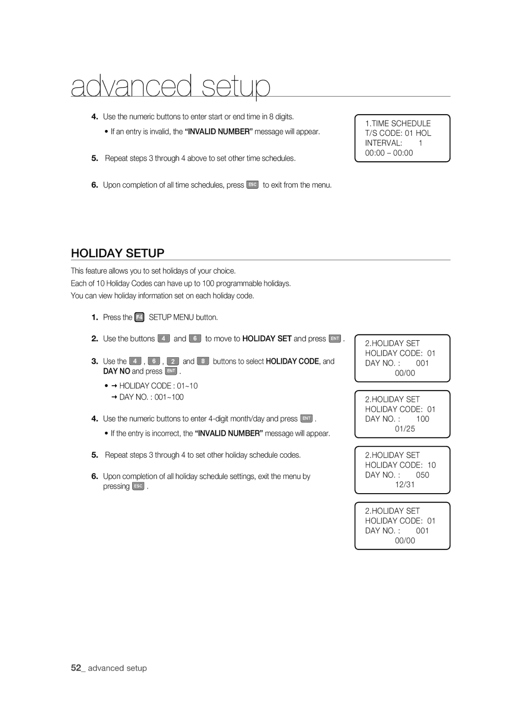 Samsung SSA-S2100/EXP manual Holiday Setup 