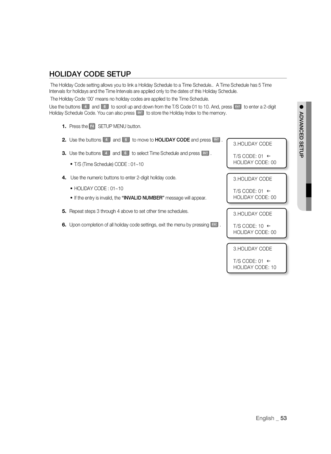 Samsung SSA-S2100/EXP manual Holiday Code Setup, Code 01, Code 10 