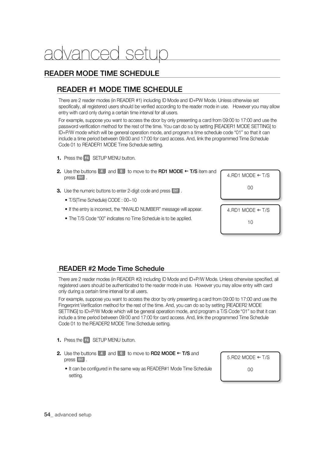 Samsung SSA-S2100/EXP Reader Mode Time Schedule Reader #1 Mode Time Schedule, Reader #2 Mode Time Schedule, RD1 Mode I T/S 