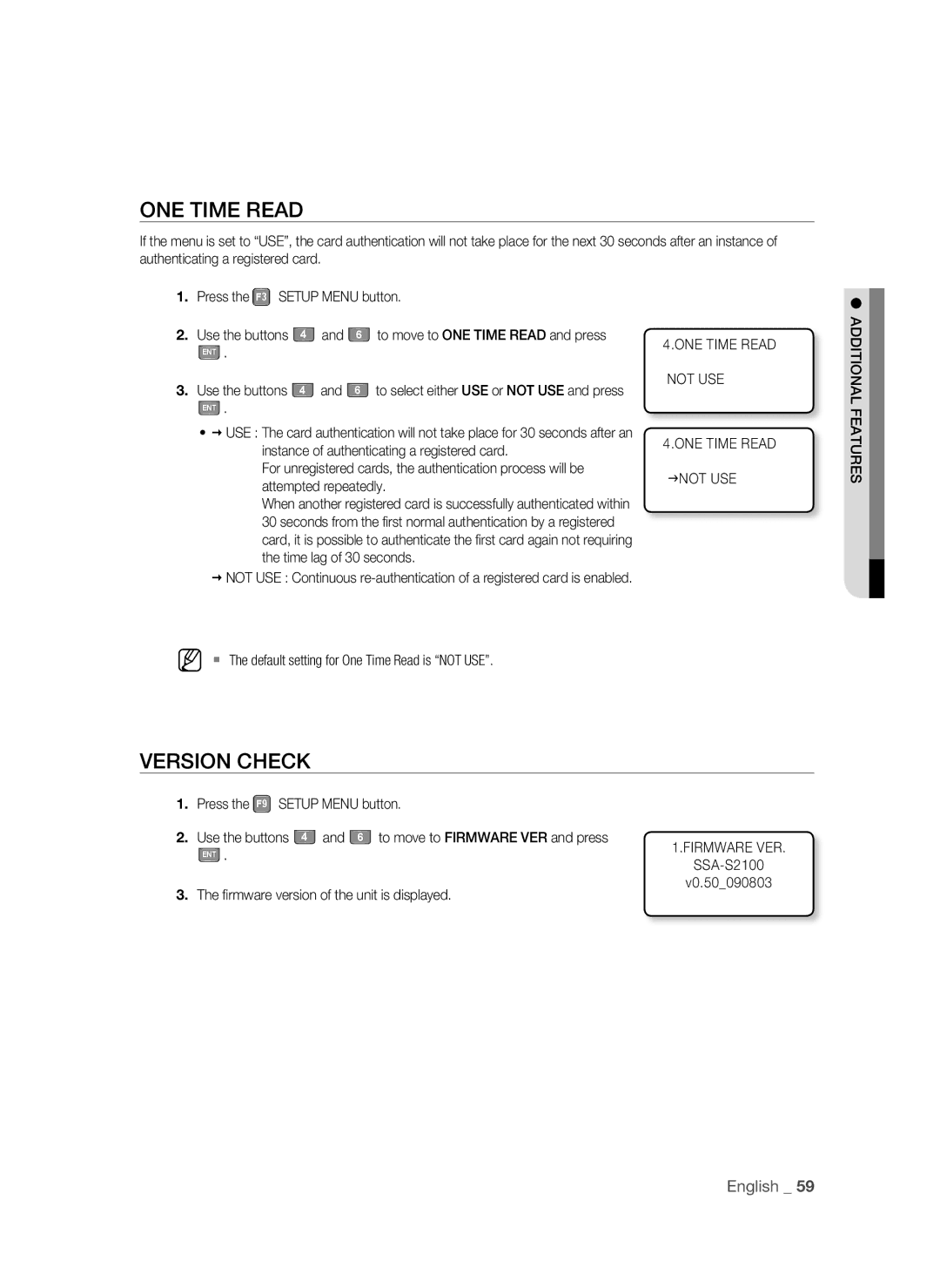 Samsung SSA-S2100/EXP manual ONE Time Read, Version Check,  The default setting for One Time Read is not USE 