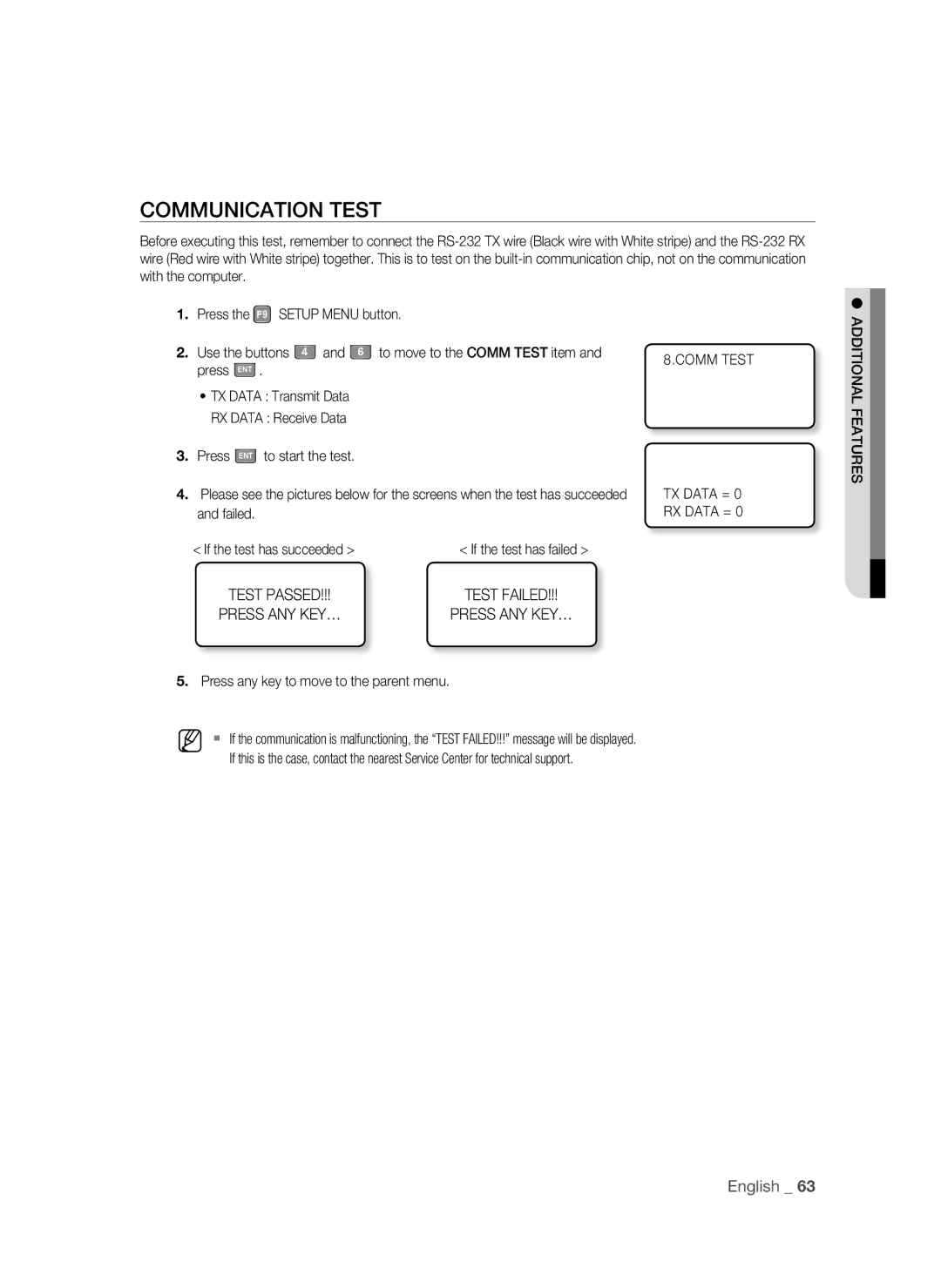 Samsung SSA-S2100/EXP manual Communication Test, Comm Test 