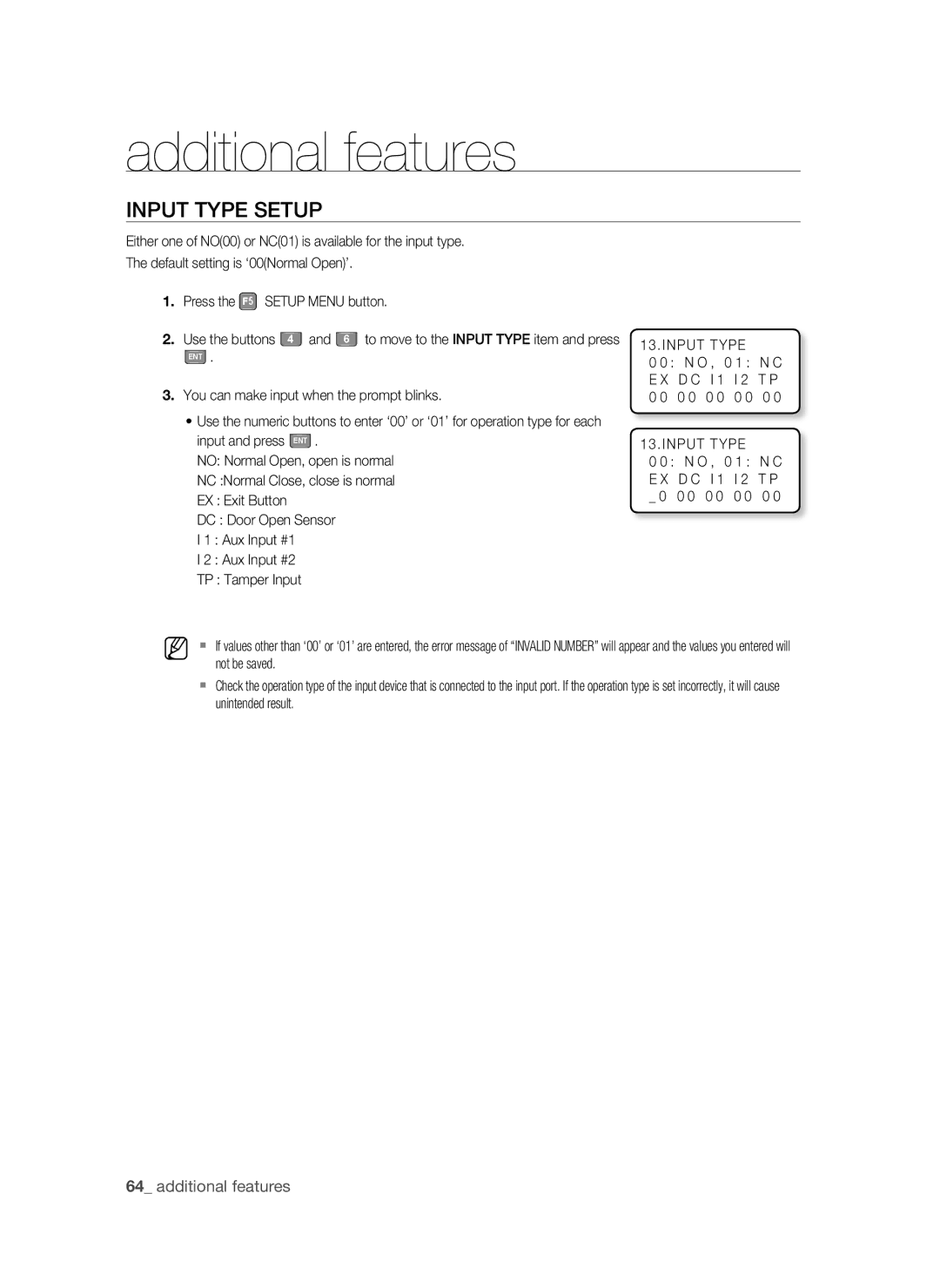 Samsung SSA-S2100/EXP manual Input Type Setup, O , 0 1 N C E X D C I 1 I 2 T P 0 0 0 0 0 0 0 0 0 