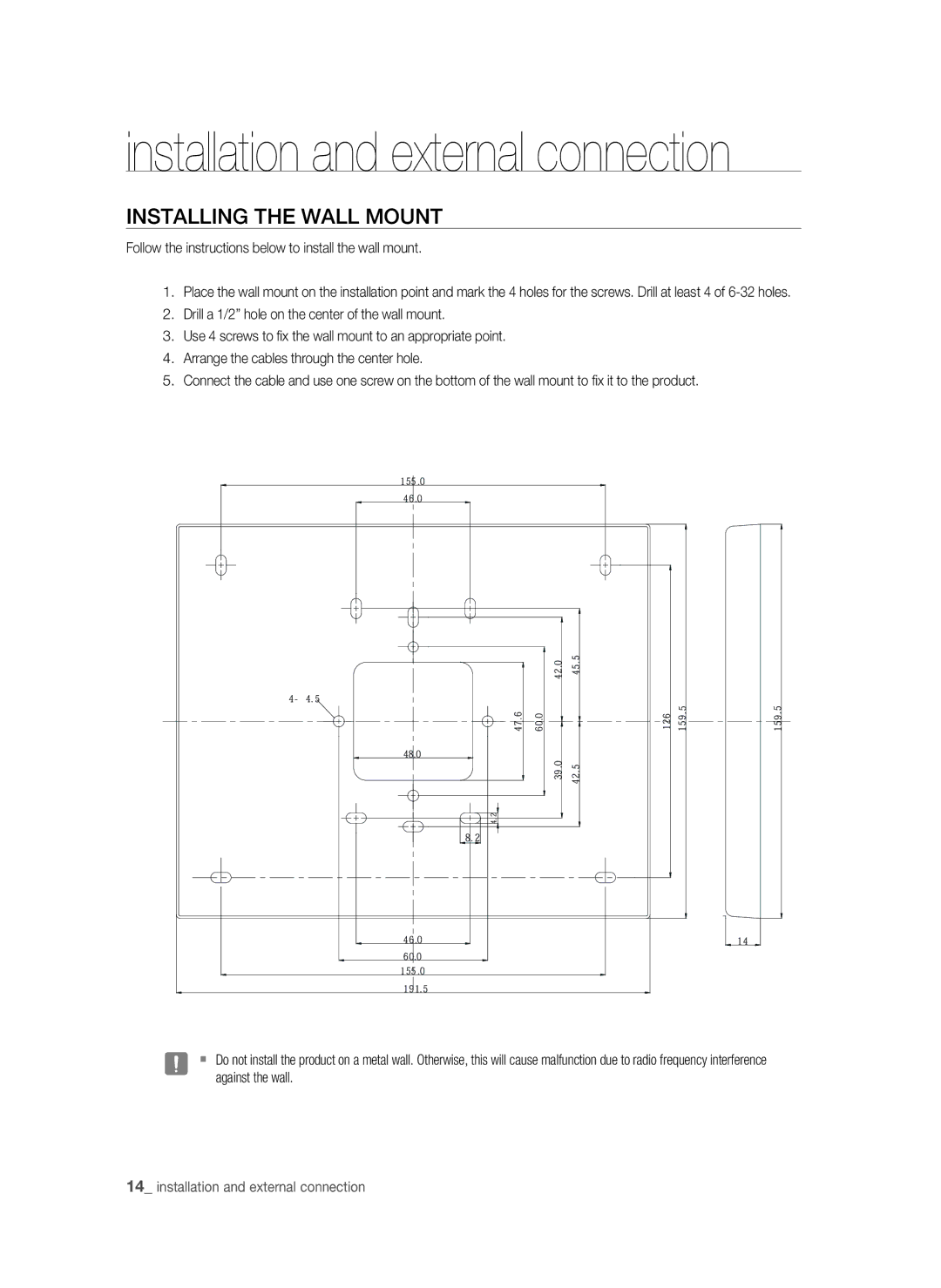 Samsung SSA-S3010/EXP manual Installing the Wall Mount, Follow the instructions below to install the wall mount 