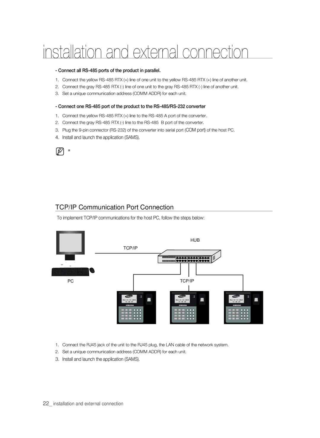 Samsung SSA-S3010/EXP manual TCP/IP Communication Port Connection, Connect all RS-485 ports of the product in parallel 