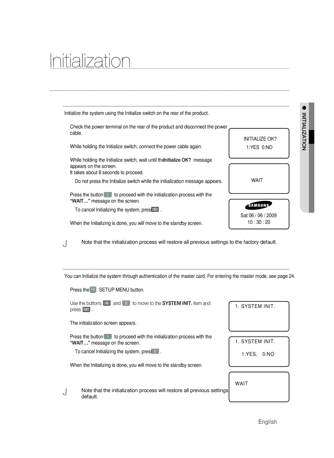 Samsung SSA-S3010/EXP manual Initialization, Initializing the System, Initializing the system using the Initialize switch 