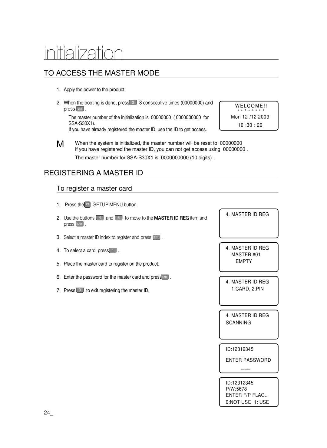 Samsung SSA-S3010/EXP manual To Access the Master Mode, Registering a Master ID, To register a master card 