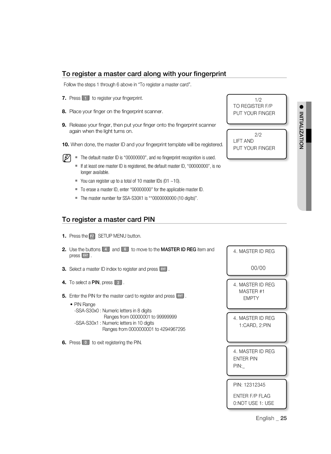 Samsung SSA-S3010/EXP manual To register a master card along with your ﬁngerprint, To register a master card PIN, 00/00 