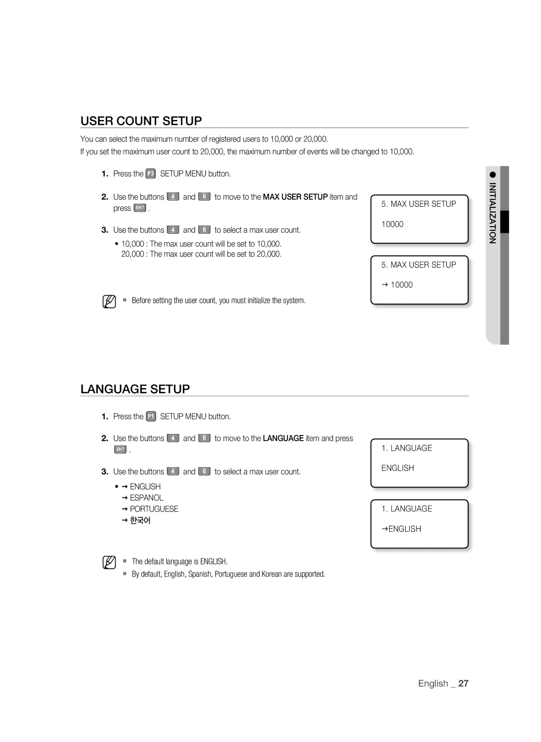 Samsung SSA-S3010/EXP manual User Count Setup, Language Setup 