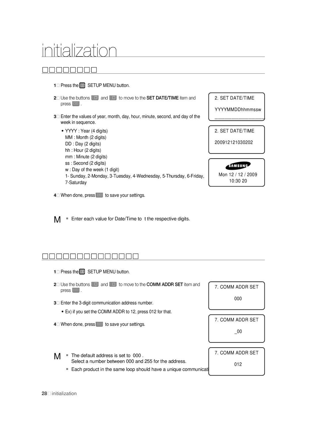 Samsung SSA-S3010/EXP manual DATE/TIME Setup, Communication Address Setup, Set Date/Time, Comm Addr SET 