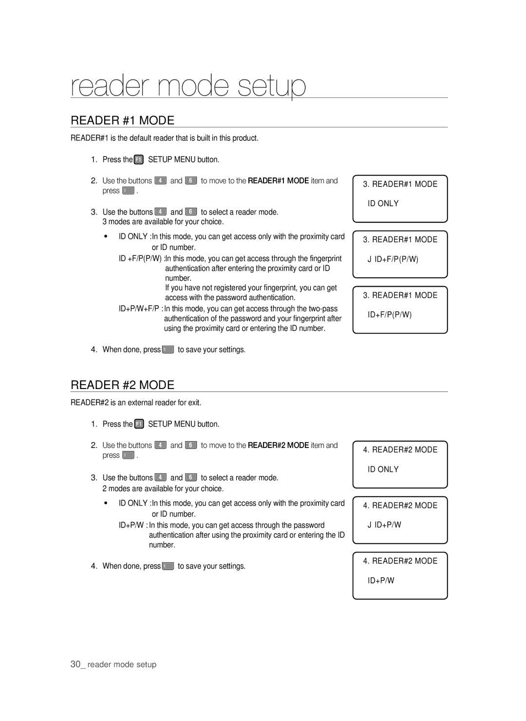 Samsung SSA-S3010/EXP manual Reader mode setup, Reader #1 Mode, Reader #2 Mode, READER#1 Mode ID only JID+F/PP/W 