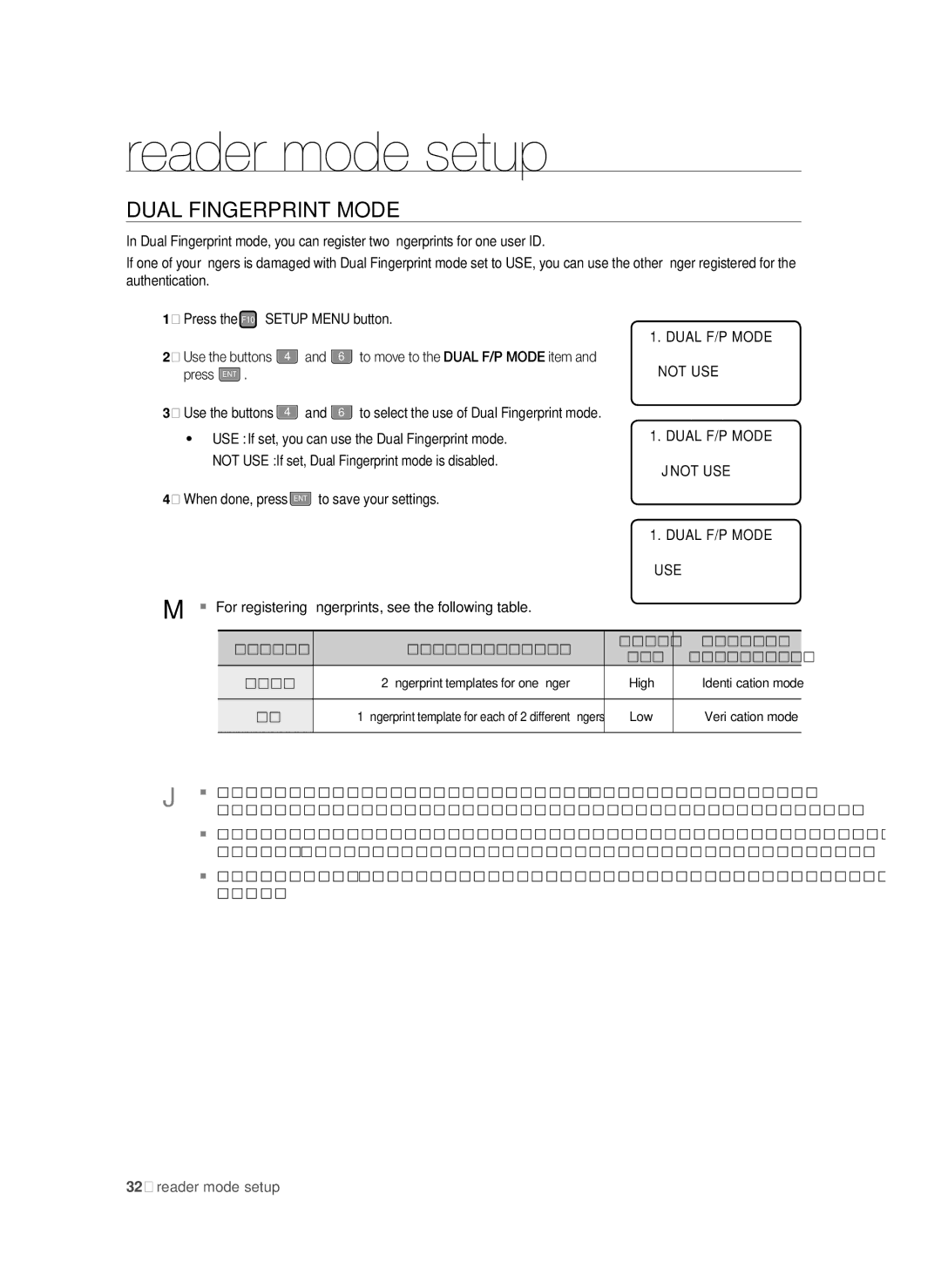 Samsung SSA-S3010/EXP manual Dual Fingerprint Mode, Dual F/P Mode Jnot USE Dual F/P Mode USE 