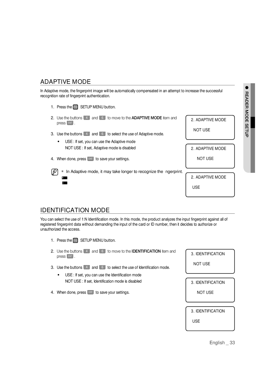 Samsung SSA-S3010/EXP manual Identification Mode, Adaptive Mode not USE Jnot USE Adaptive Mode USE Mode Setup 