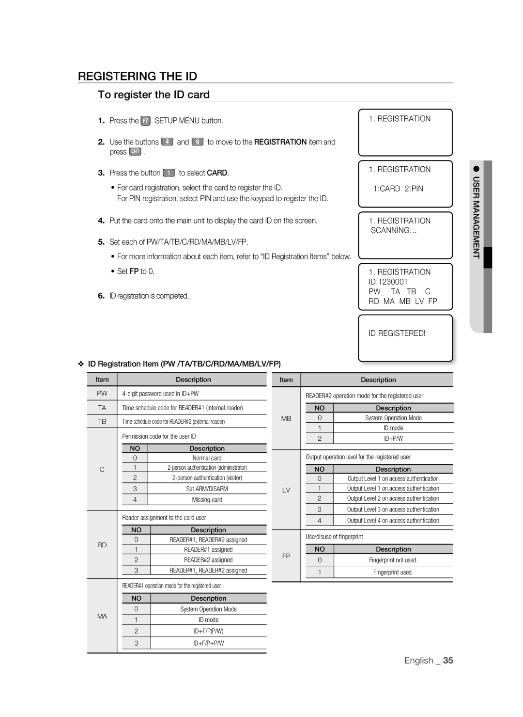 Samsung SSA-S3010/EXP Registering the ID, To register the ID card, PW TA TB C RD MA MB LV FP User Management ID Registered 