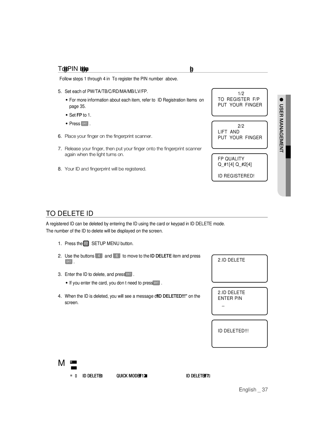 Samsung SSA-S3010/EXP manual To Delete ID, To register the PIN number along with your ﬁngerprint, Enter PIN, Screen 