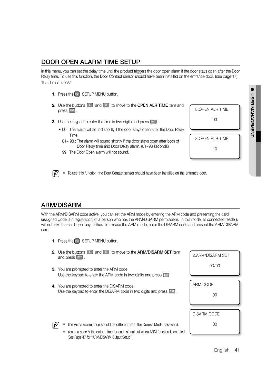 Samsung SSA-S3010/EXP Door Open Alarm Time Setup, Open ALR Time User Management, Arm/Disarm Set, ARM Code Disarm Code 