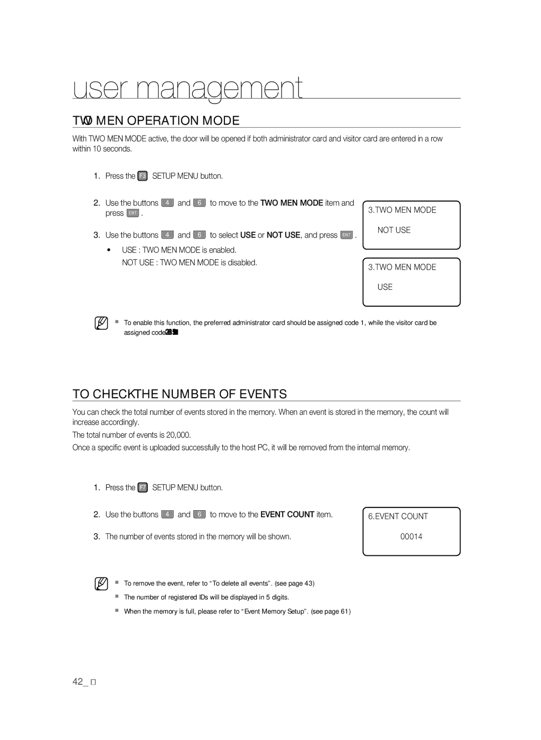 Samsung SSA-S3010/EXP manual TWO MEN Operation Mode, To Check the Number of Events, To move to the TWO MEN Mode item, Use 