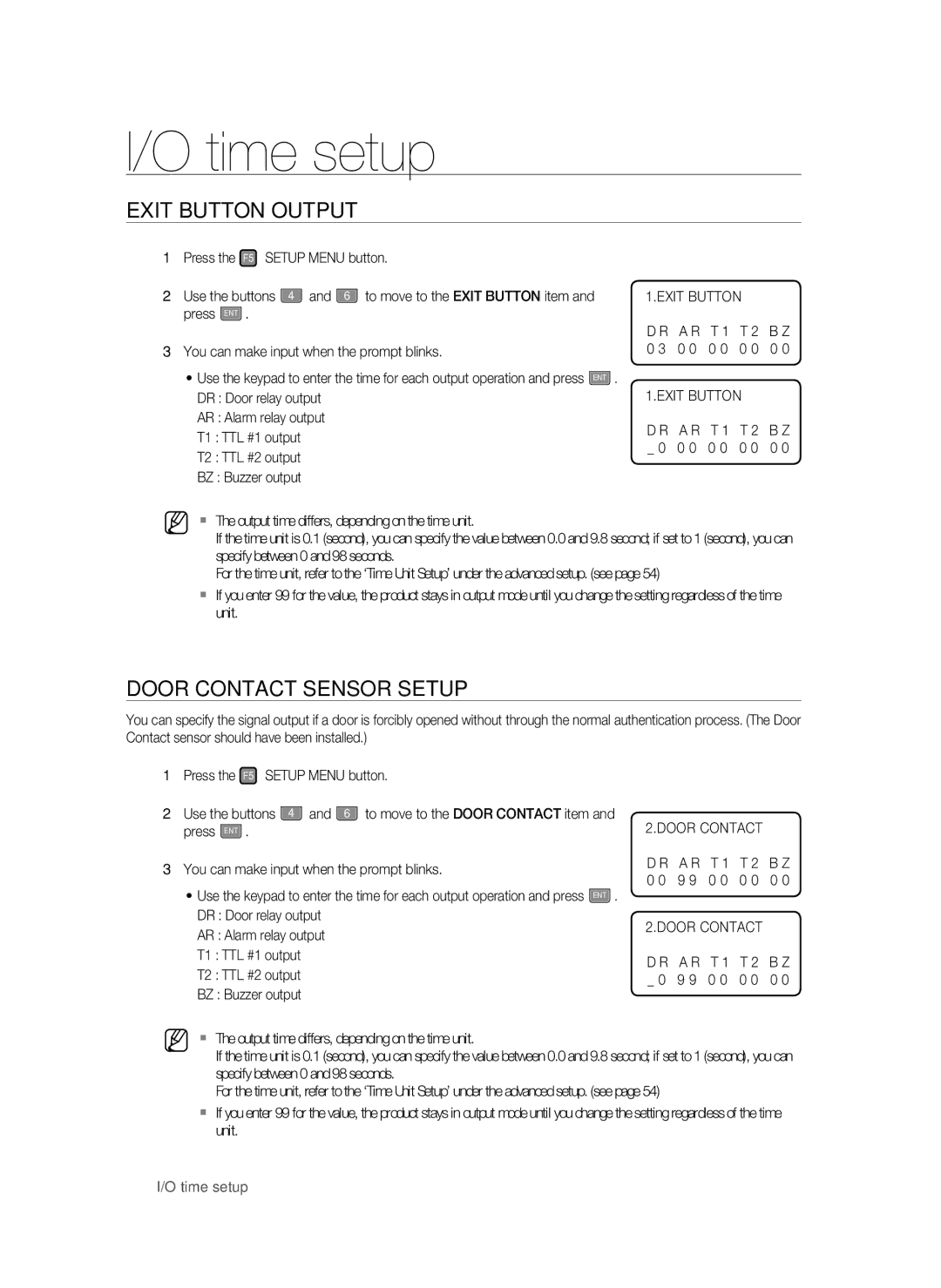 Samsung SSA-S3010/EXP manual Time setup, Exit Button Output, Door Contact Sensor Setup 