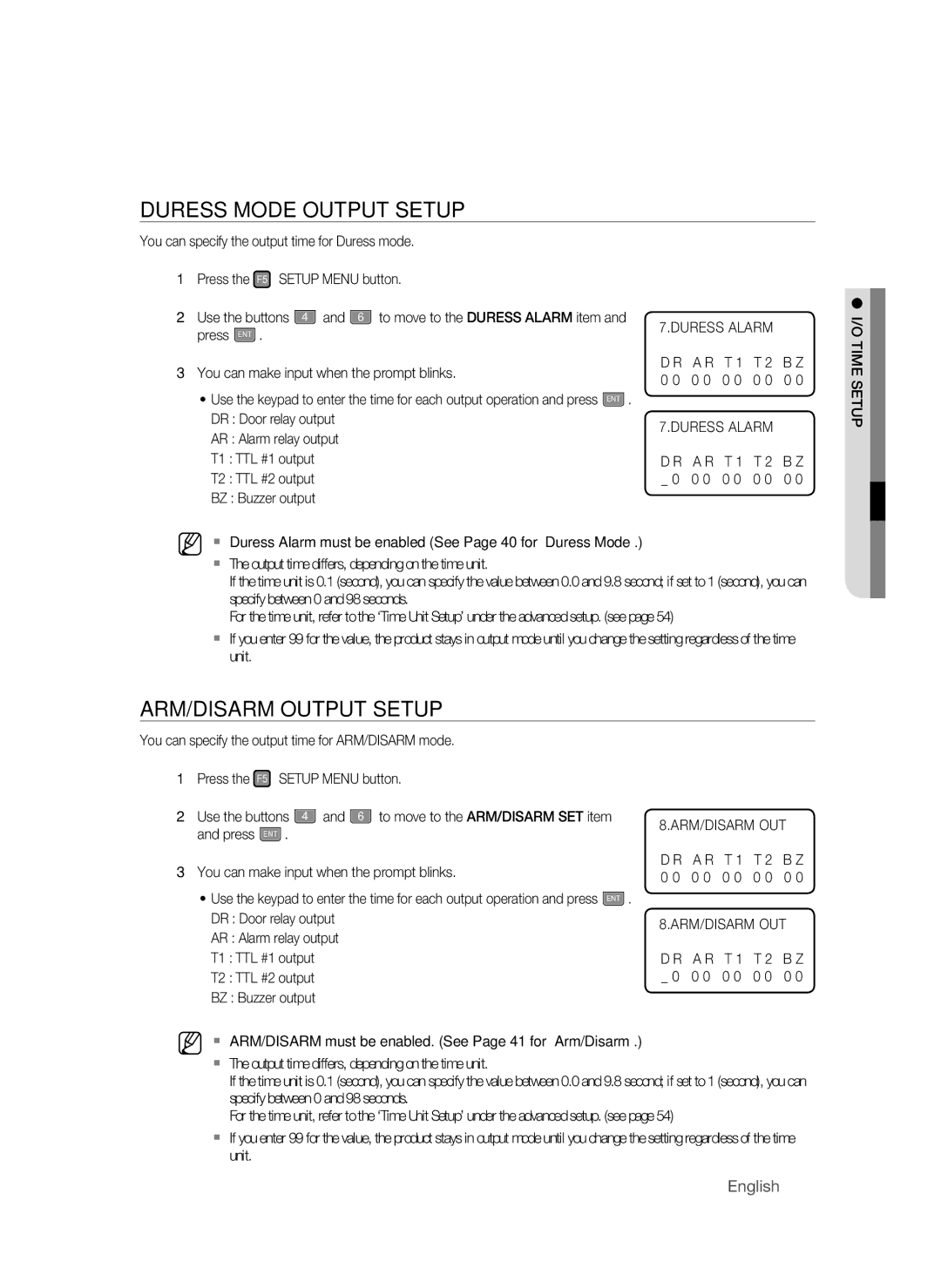 Samsung SSA-S3010/EXP manual Duress Mode Output Setup, ARM/DISARM Output Setup 