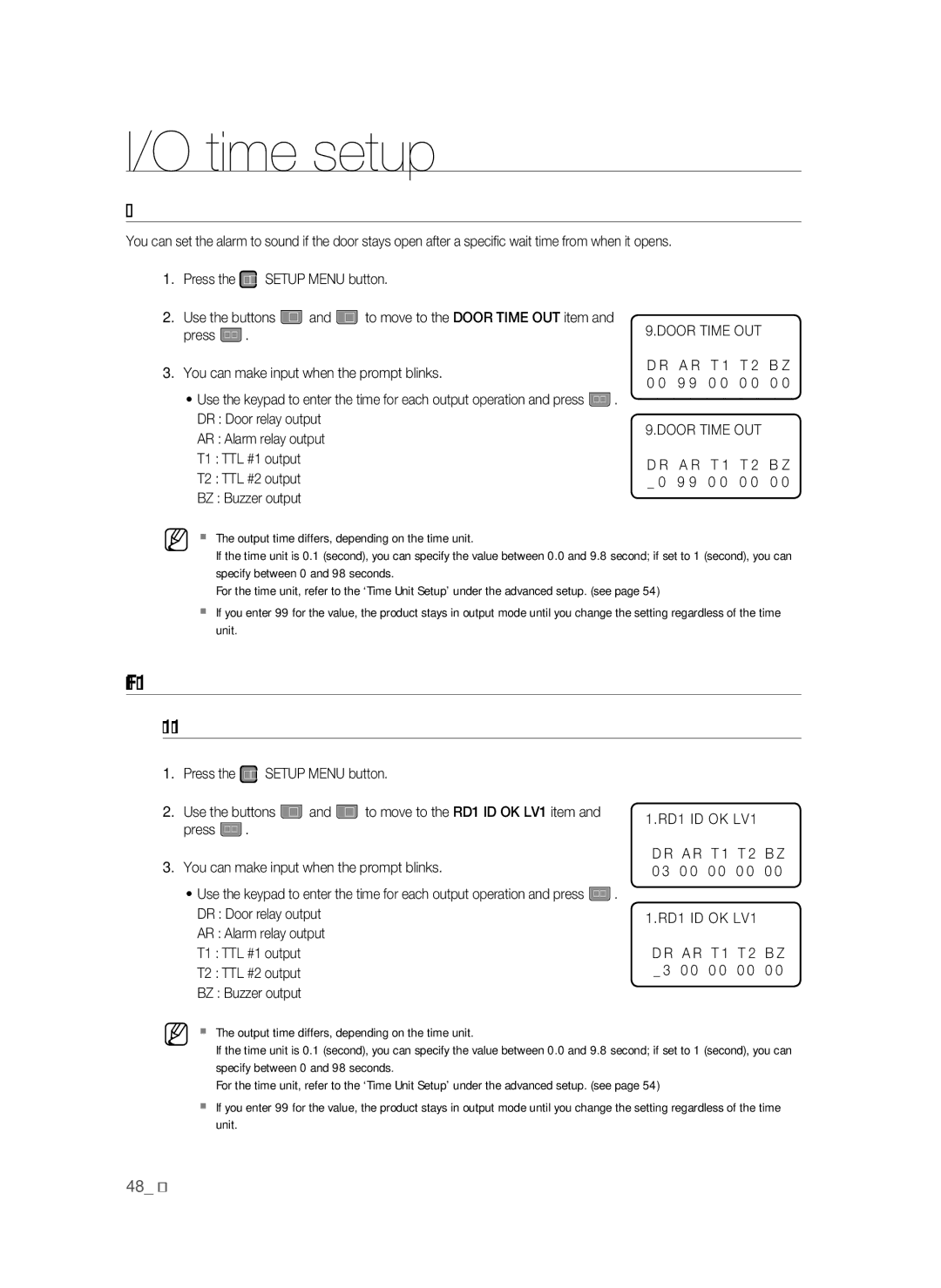 Samsung SSA-S3010/EXP manual Door Open Timeout Setup, RD1 ID OK LV1 