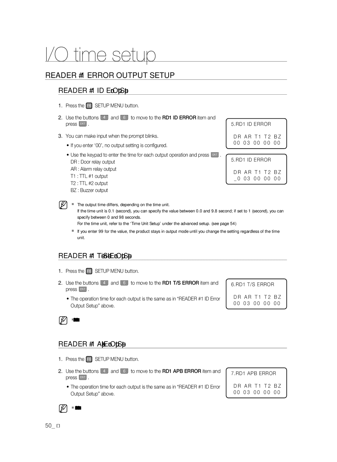 Samsung SSA-S3010/EXP manual Reader #1 Error Output Setup, Reader #1 ID Error Output Setup 