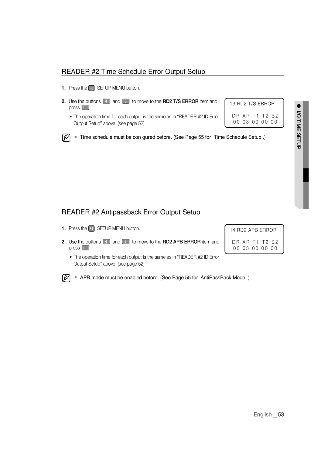 Samsung SSA-S3010/EXP manual Reader #2 Time Schedule Error Output Setup, Reader #2 Antipassback Error Output Setup 