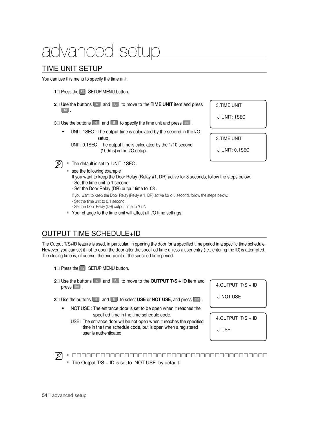 Samsung SSA-S3010/EXP manual Advanced setup, Time Unit Setup, Output Time SCHEDULE+ID, Time Unit Unit 1SEC Unit 0.1SEC 