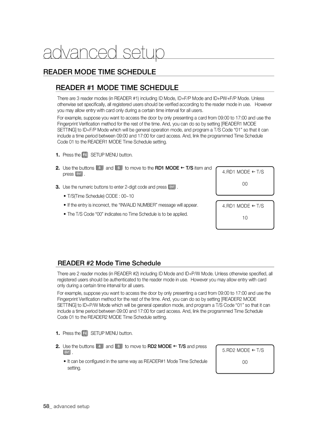 Samsung SSA-S3010/EXP Reader Mode Time Schedule Reader #1 Mode Time Schedule, Reader #2 Mode Time Schedule, RD1 Mode I T/S 