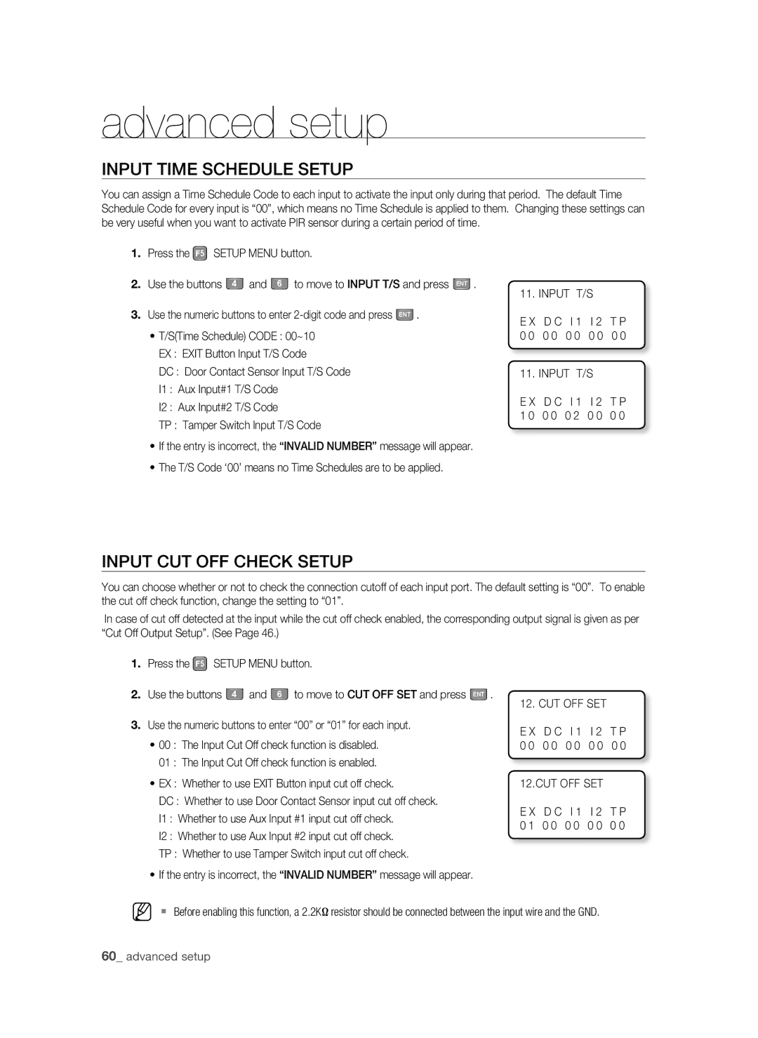 Samsung SSA-S3010/EXP manual Input Time Schedule Setup, Input CUT OFF Check Setup, Cut Off Set 