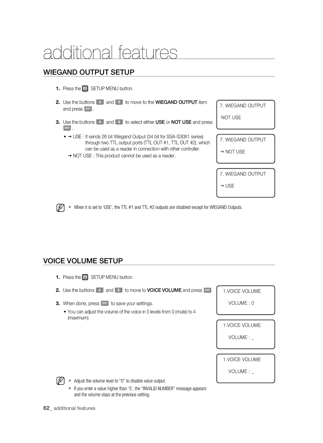 Samsung SSA-S3010/EXP manual Wiegand Output Setup, Voice Volume Setup, Wiegand Output not USE Not USE 