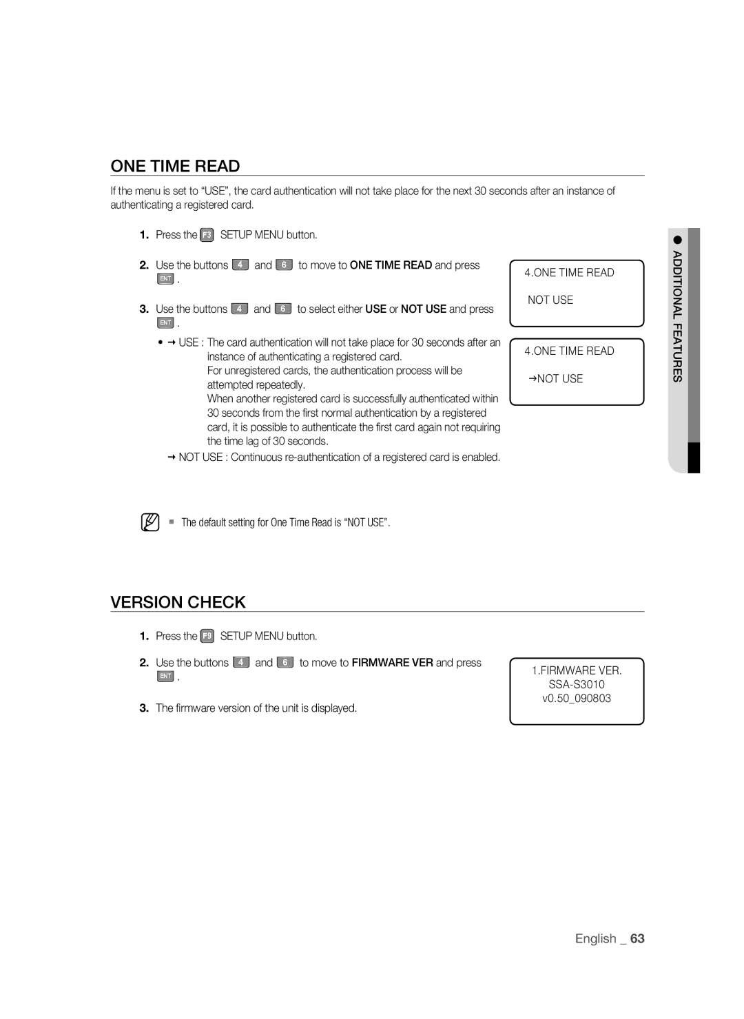 Samsung SSA-S3010/EXP manual ONE Time Read, Version Check,  The default setting for One Time Read is not USE 