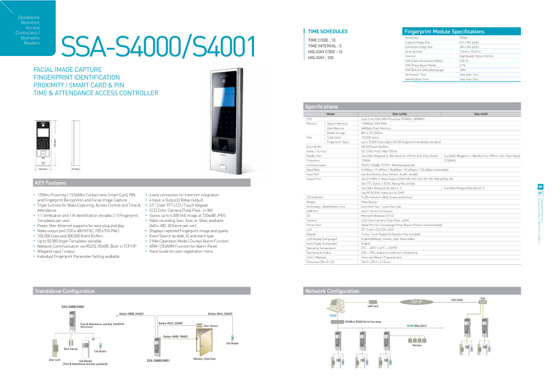 Samsung SSA-S4001 specifications Biometric SSA-S4000/S4001 