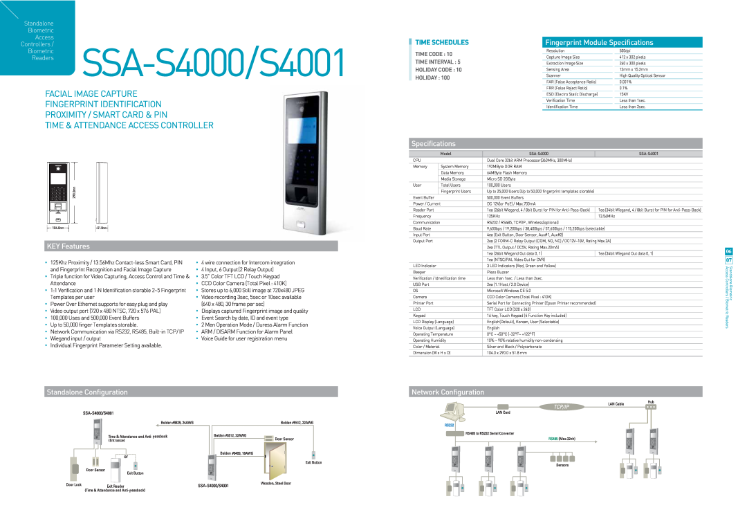 Samsung SSA-S4001 specifications Biometric SSA-S4000/S4001, Facial Image Capture Fingerprint Identification, KEY Features 