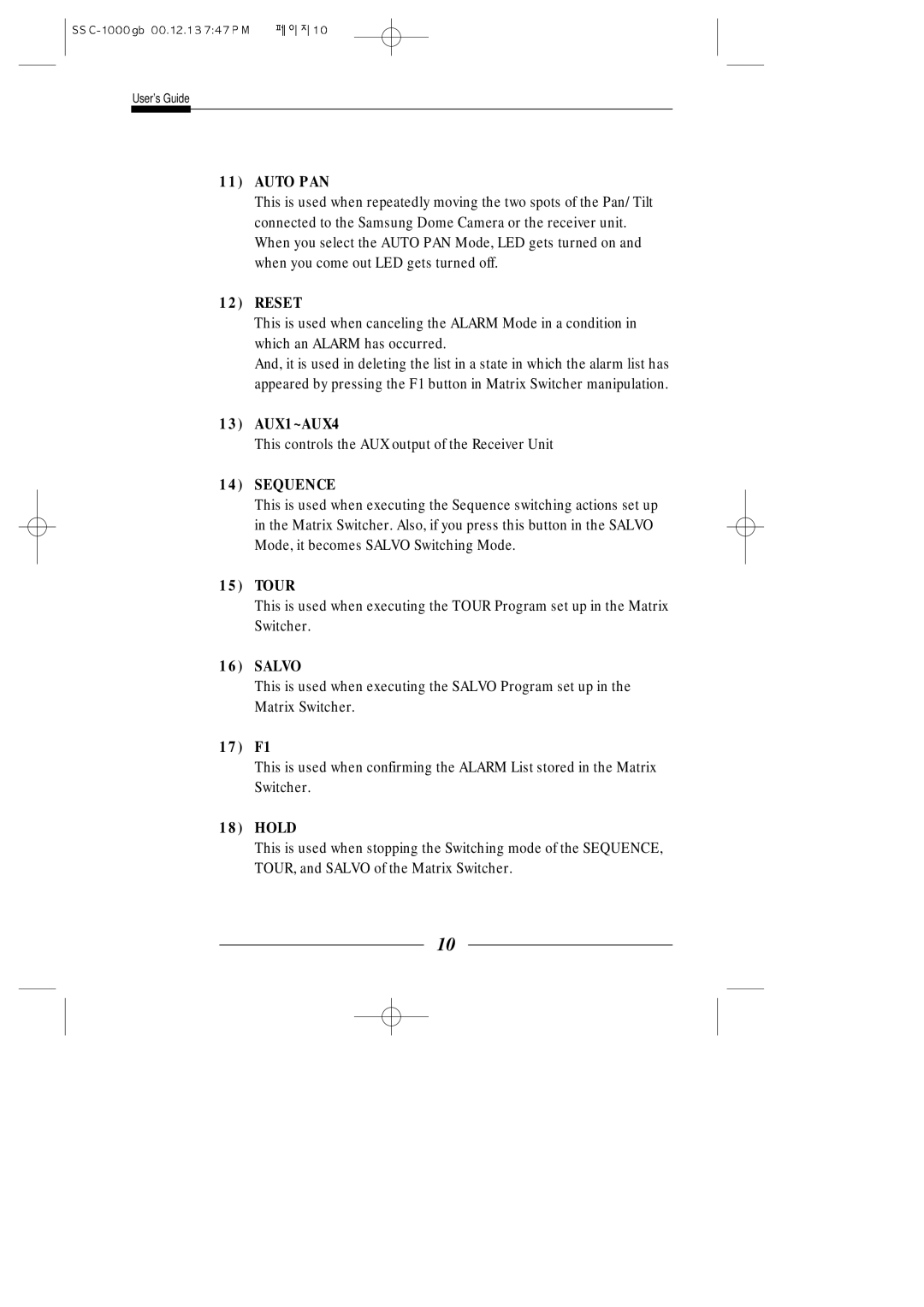 Samsung SSC-1000/P, SSC-1000/N manual 13 AUX1~AUX4, Tour, 17 F1, Hold 