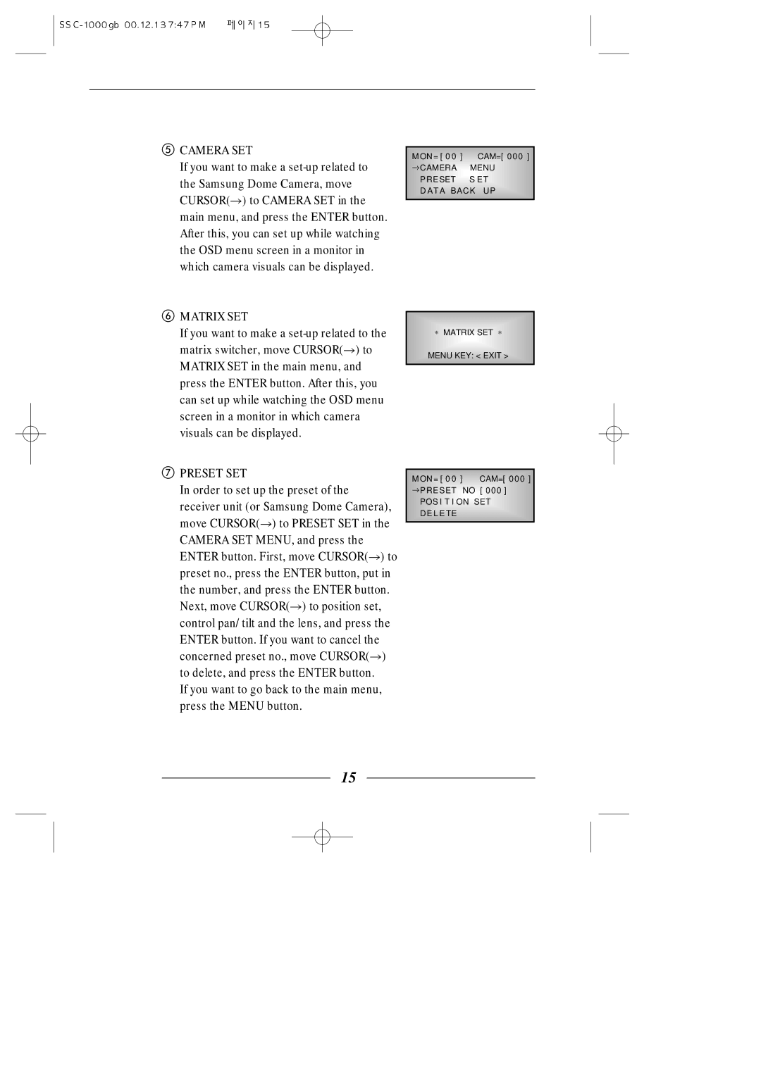 Samsung SSC-1000/N, SSC-1000/P manual Camera SET 