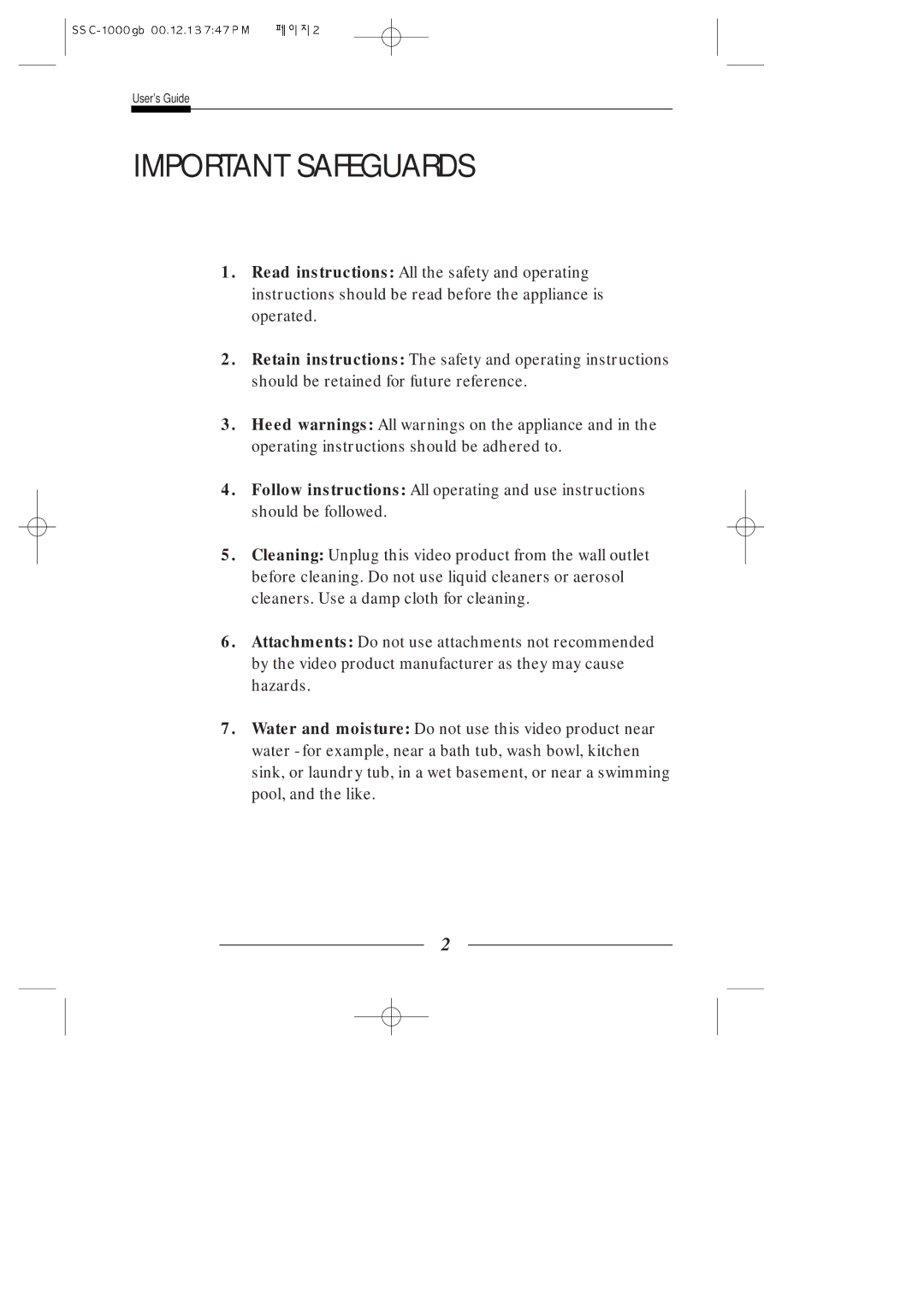 Samsung SSC-1000/P, SSC-1000/N manual Important Safeguards 