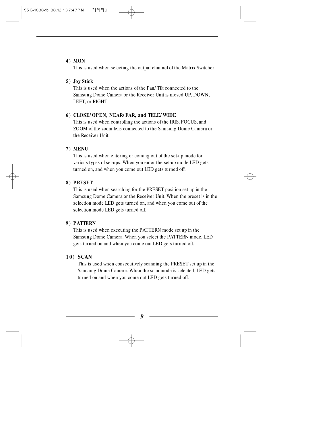Samsung SSC-1000/N, SSC-1000/P manual Mon, Joy Stick, CLOSE/OPEN, NEAR/FAR, and TELE/WIDE 
