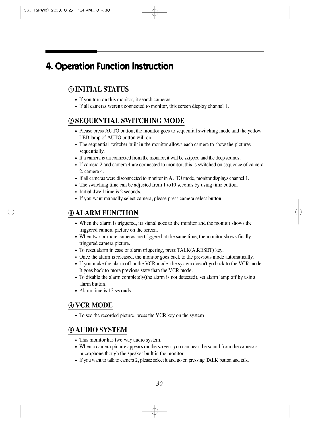 Samsung SSC-12P manual Operation Function Instruction, Initial Status 