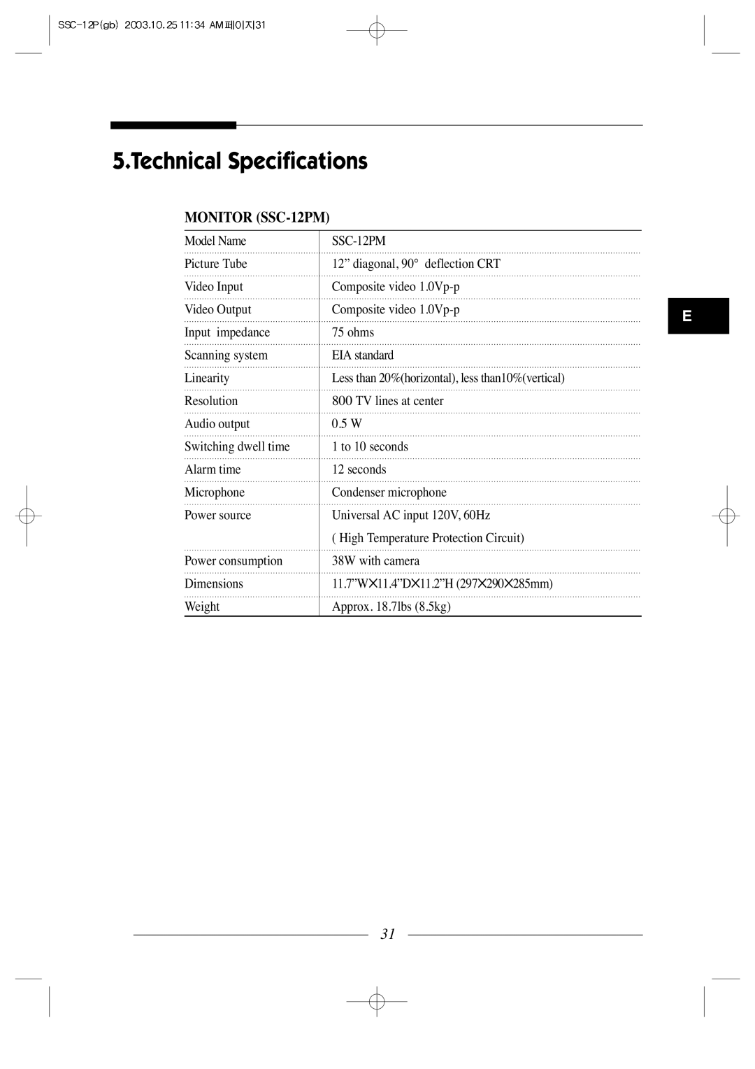 Samsung manual Technical Specifications, Monitor SSC-12PM 