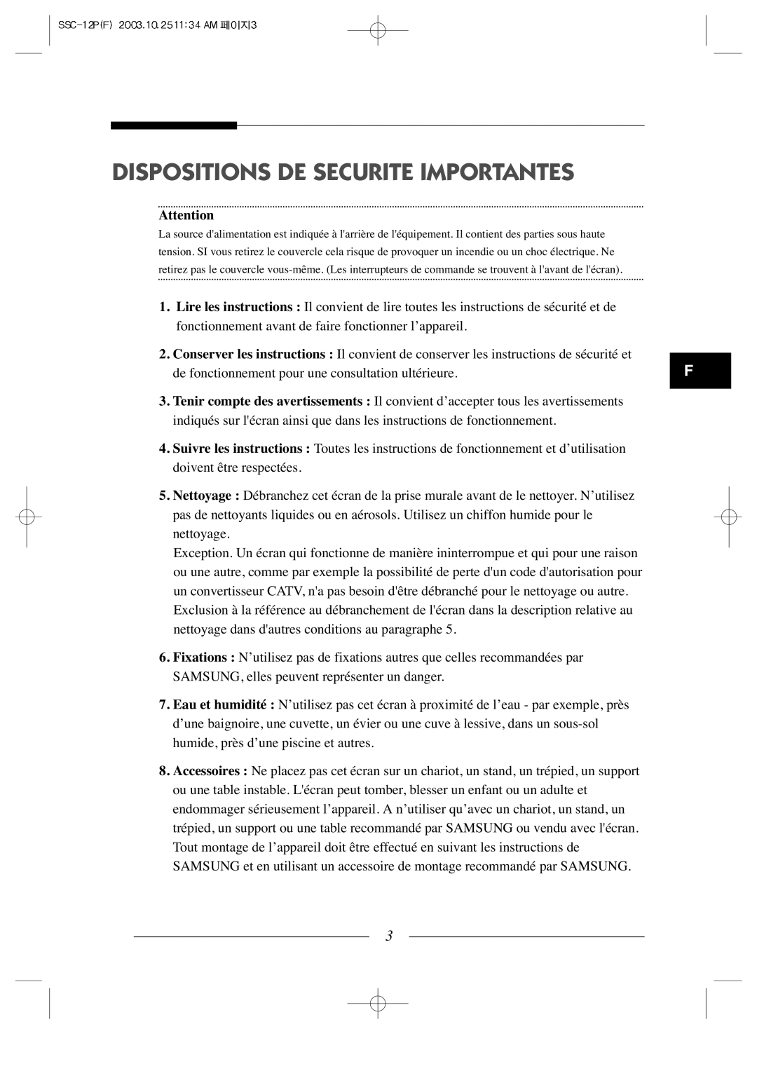 Samsung SSC-12P manual Dispositions DE Securite Importantes 