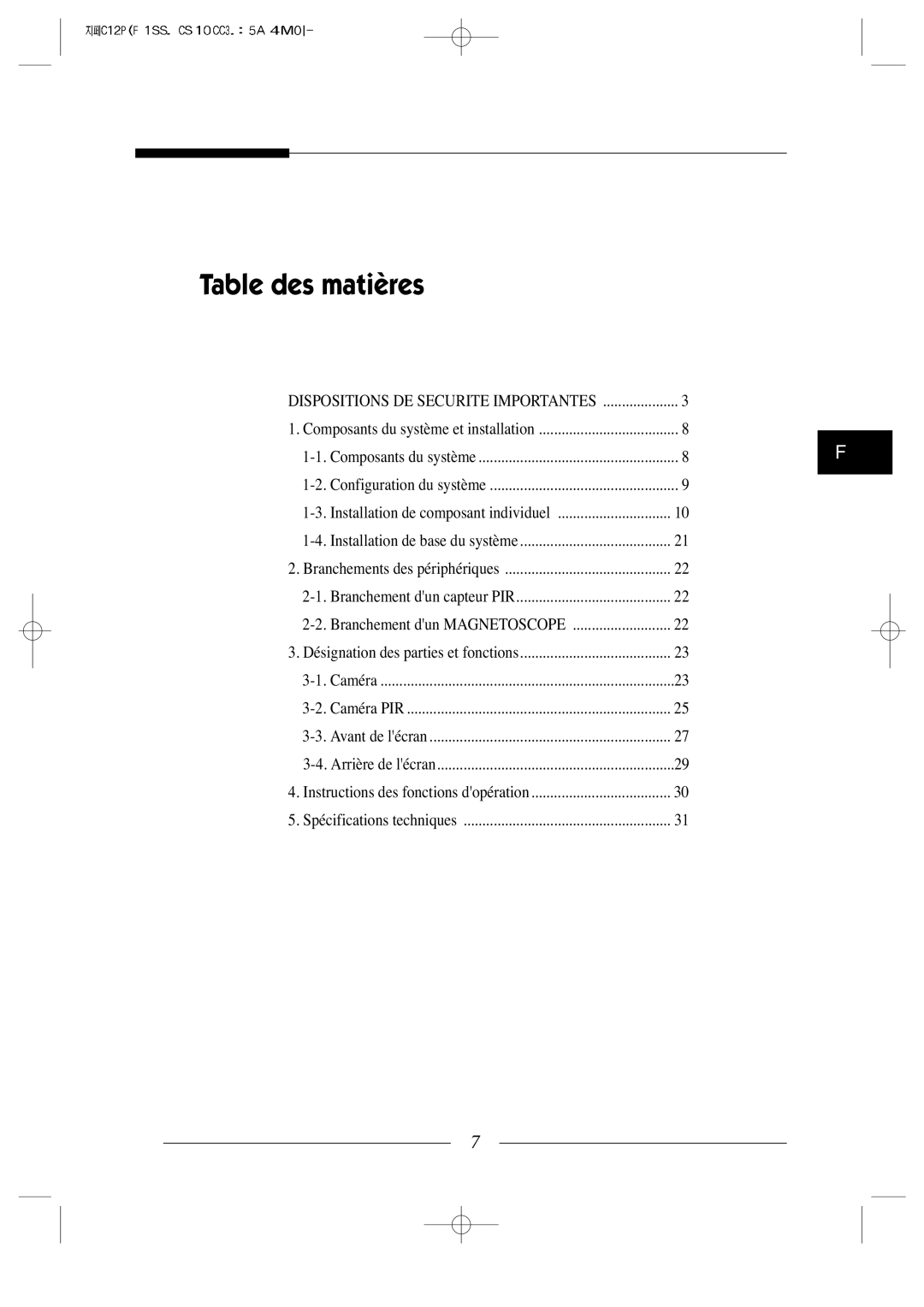 Samsung SSC-12P manual Table des matières, Dispositions DE Securite Importantes 