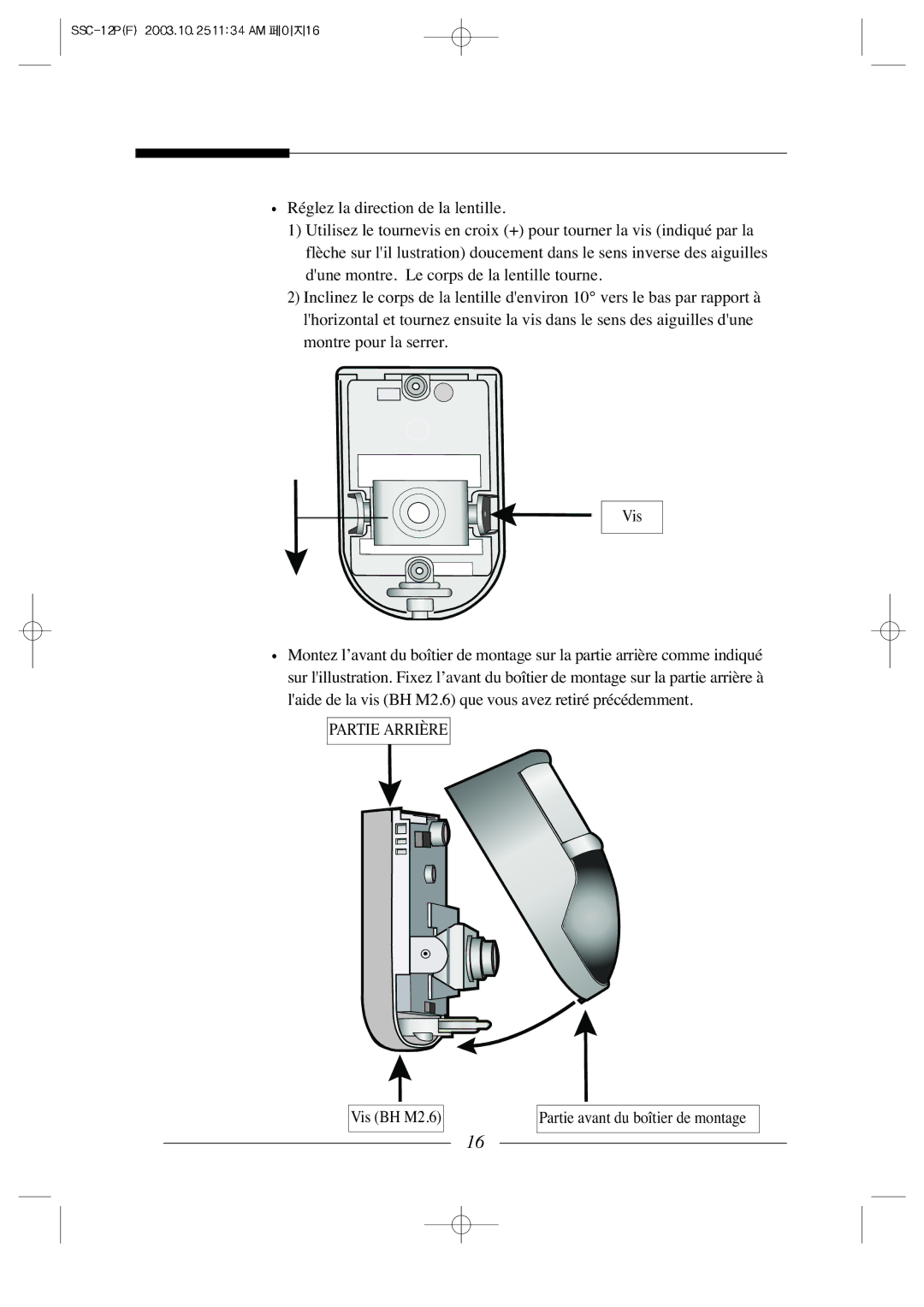 Samsung SSC-12P manual Vis BH M2.6 Partie avant du boîtier de montage 