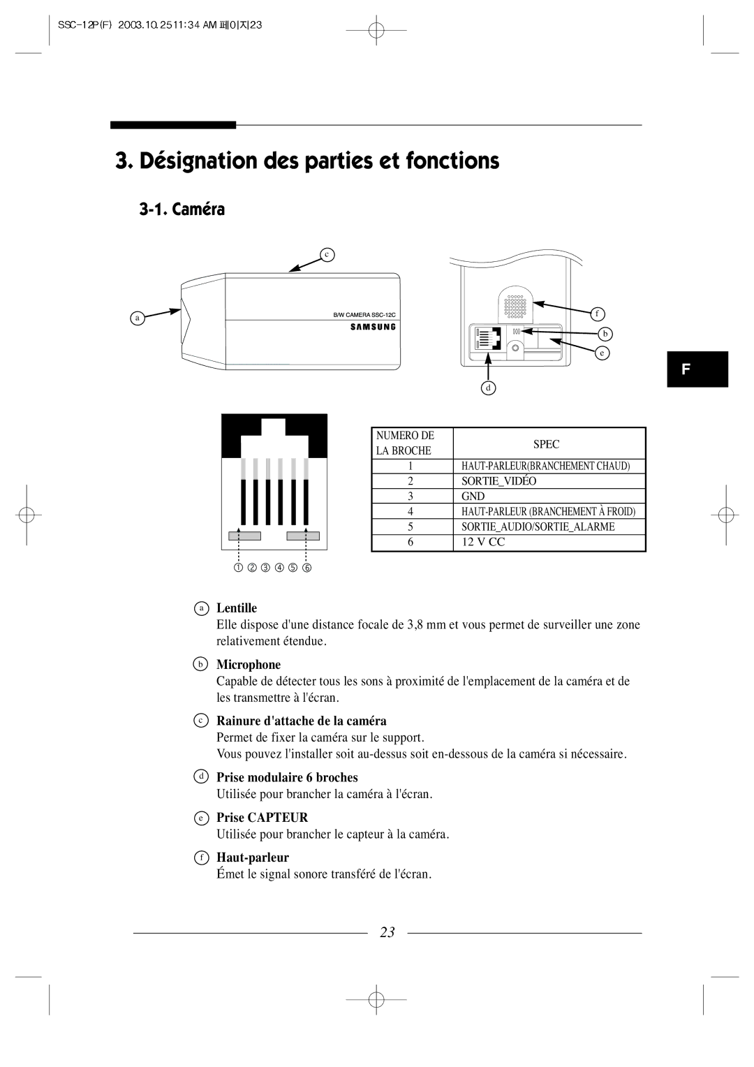 Samsung SSC-12P manual Désignation des parties et fonctions, Caméra 