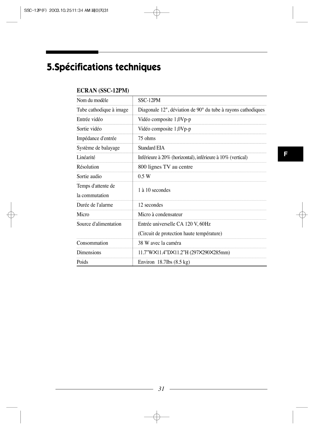 Samsung manual Spécifications techniques, Ecran SSC-12PM 