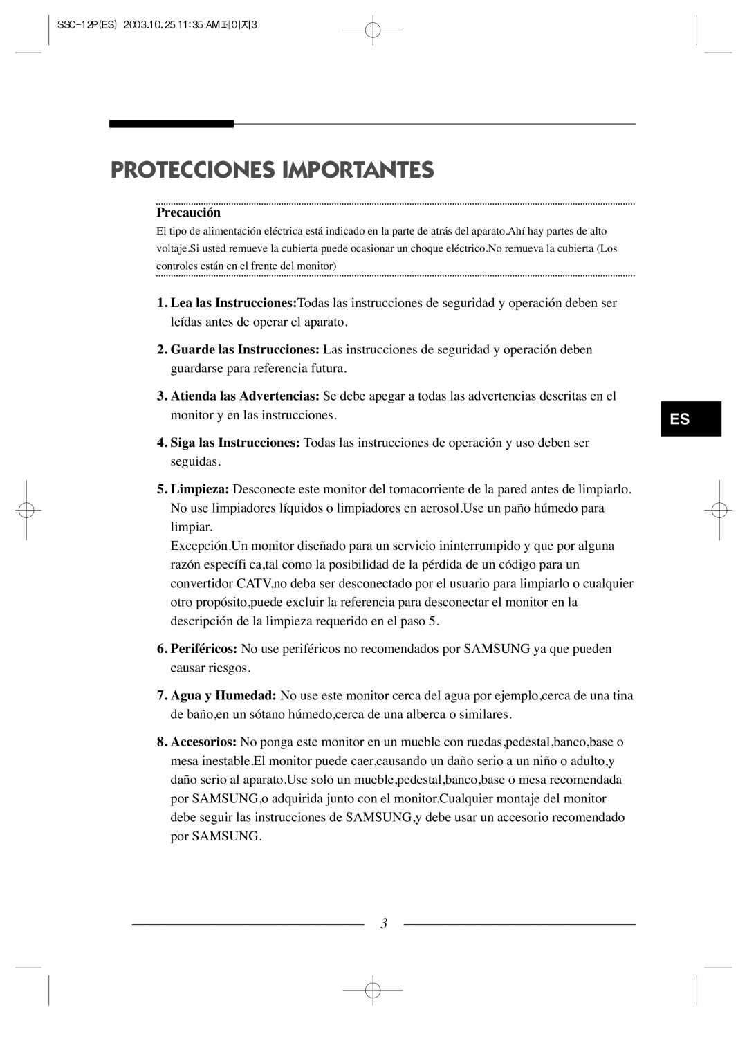 Samsung SSC-12P manual Protecciones Importantes, Precaución 