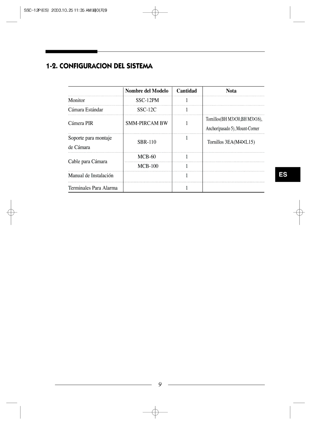 Samsung SSC-12P manual Configuracion DEL Sistema, Nota 