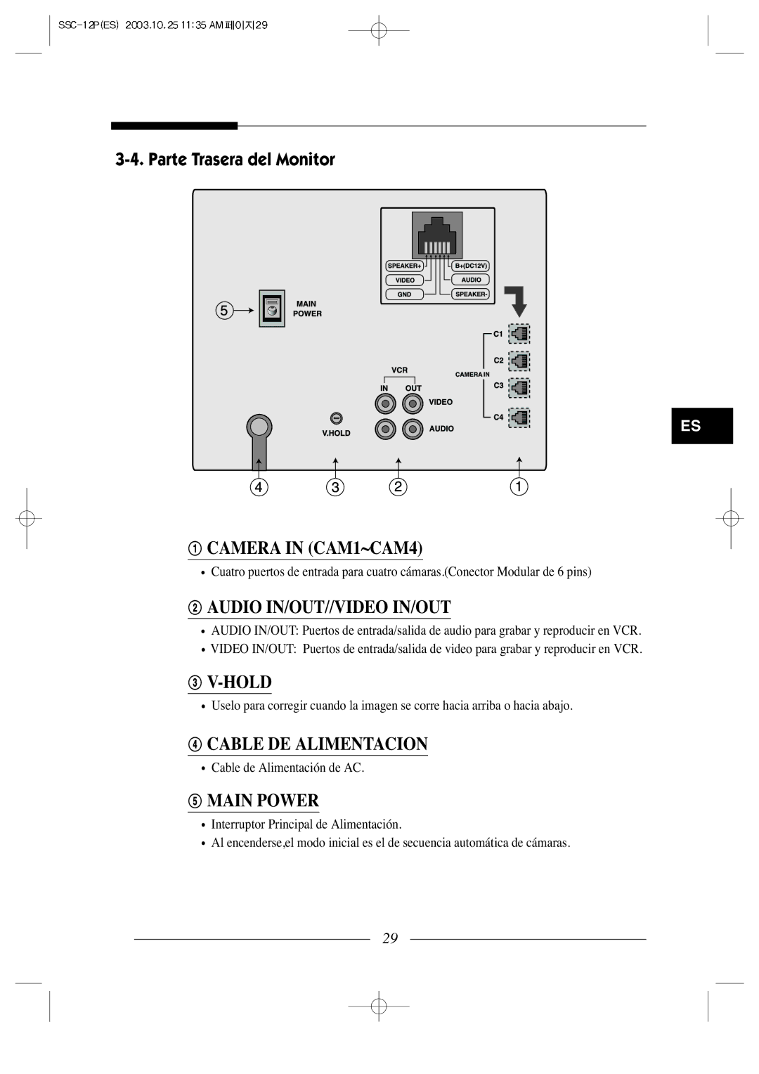 Samsung SSC-12P manual Parte Trasera del Monitor 